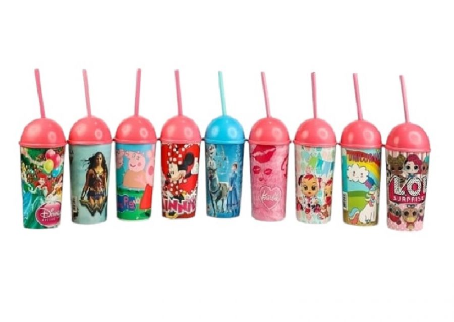 VASO PLASTICO PERSONAJES CON TAPA ESFERA Y SORBETE 16CM (4484) STILO