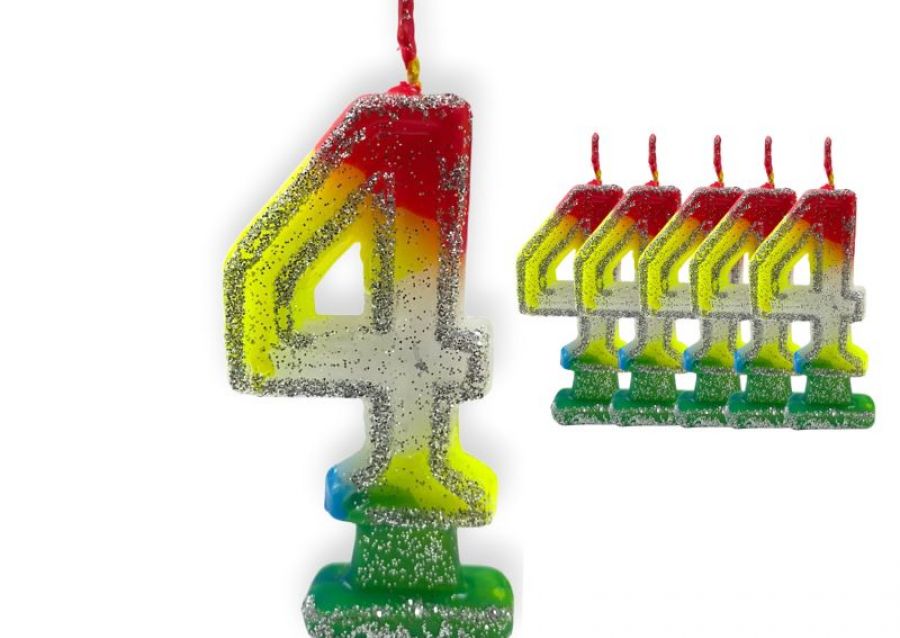 VELA NUMEROTE 4 MULTICOLOR C/GIBRE X 1 (X10) - VELAS MULTICOLOR