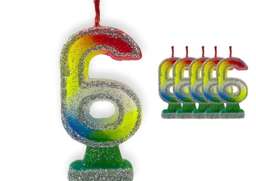 VELA NUMEROTE 6 MULTICOLOR C/GIBRE X 1 (X10) - VELAS MULTICOLOR