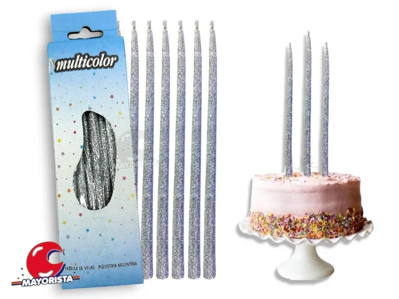 VELAS FINITAS X 15 PLATEADA C/BRILLO AMERICANA (25) - VELAS MULTICOLOR