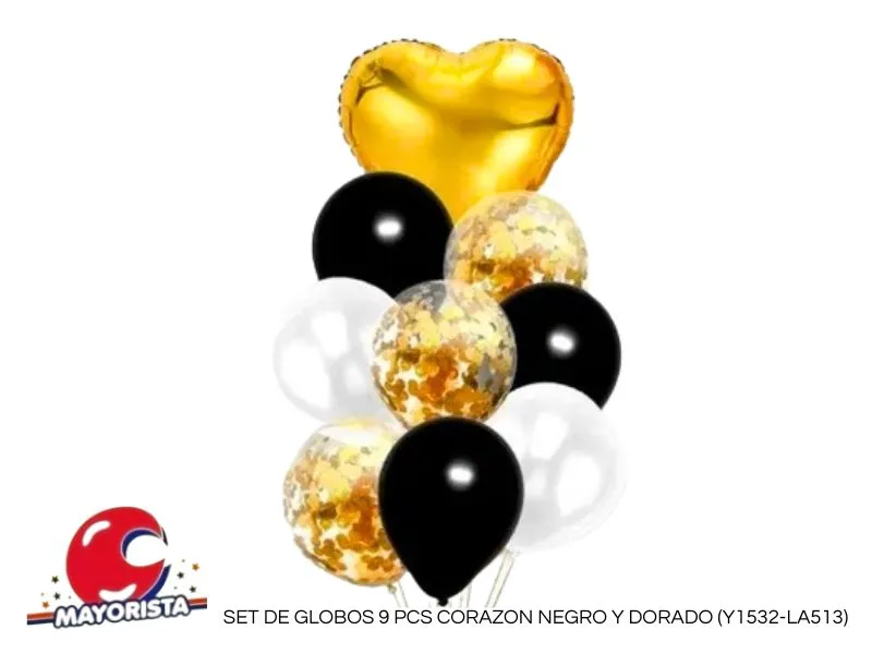 SET DE GLOBOS 9 PCS CORAZON NEGRO Y DORADO (Y1532-LA513) CHG