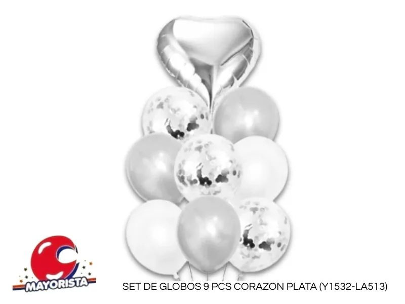 [6222] SET DE GLOBOS 9 PCS CORAZON PLATA (Y1532-LA513) CHG