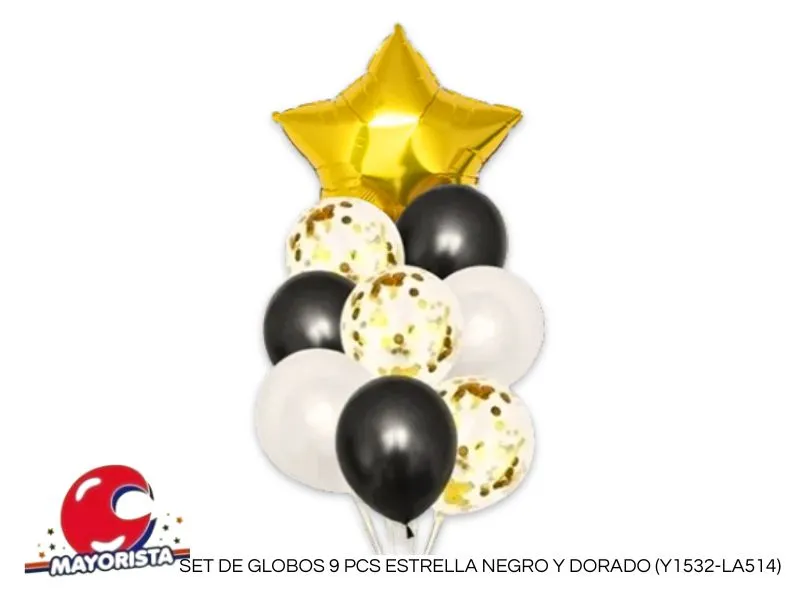 SET DE GLOBOS 9 PCS ESTRELLA NEGRO Y DORADO (Y1532-LA514) CHG