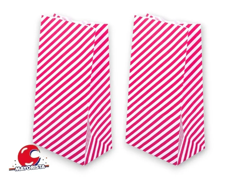 BOLSITA PAPEL X 10 FUCSIA RAYAS BLANCAS 15X25X8 (EVACOR)