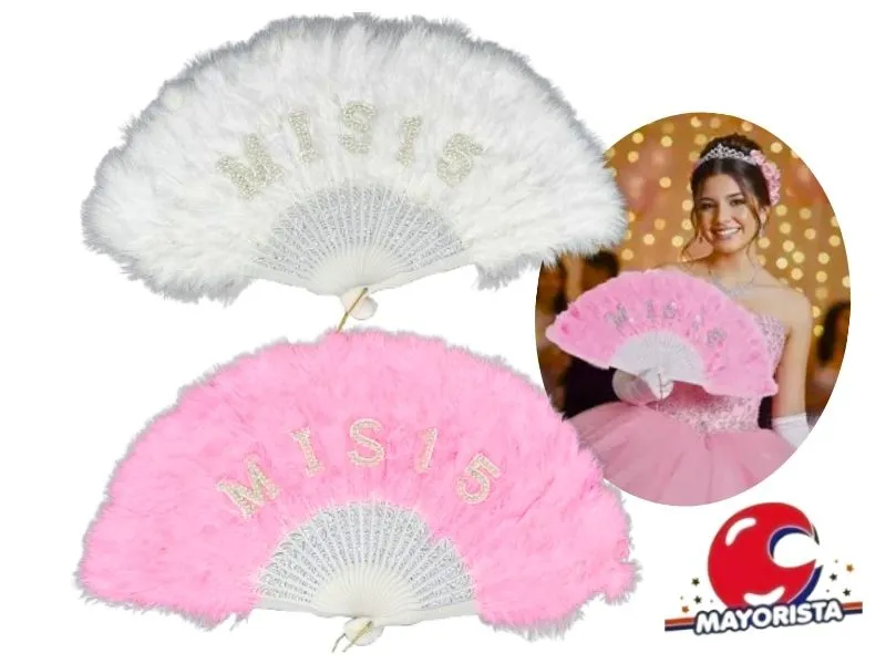 [6994107008653] ABANICO CON PLUMAS MIS 15 BLANCO/ROSA 26 CM (YJ0865) YJ IMPORT