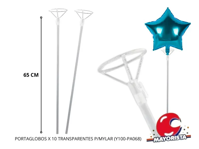 [6023] PORTAGLOBOS X 10 TRANSPARENTES 65CM P/MYLAR (YJ0831) YJ IMPORT