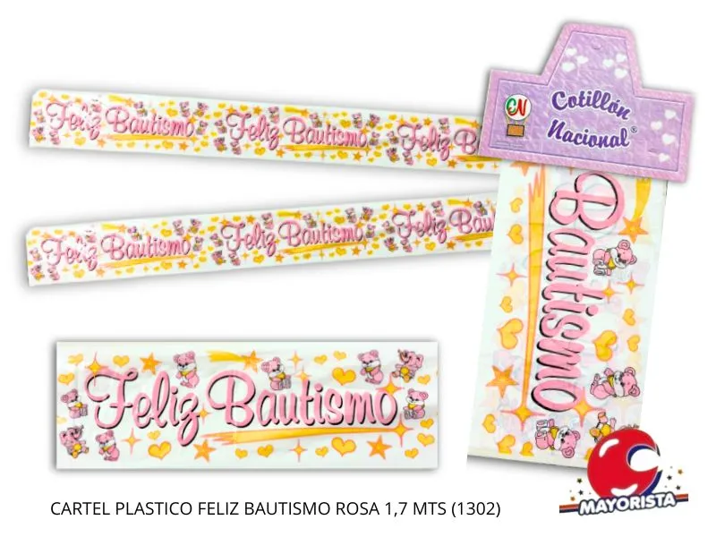 CARTEL PLASTICO FELIZ BAUTISMO ROSA 1,7 MTS (1302) COTILLON NACIONAL
