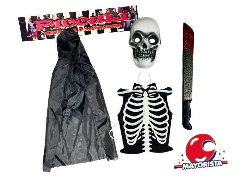 [3350] SET DISFRAZ ESQUELETO C/PECHERA,CAPA, BASTON CALAVERA Y CARETA (2003) PICCULI