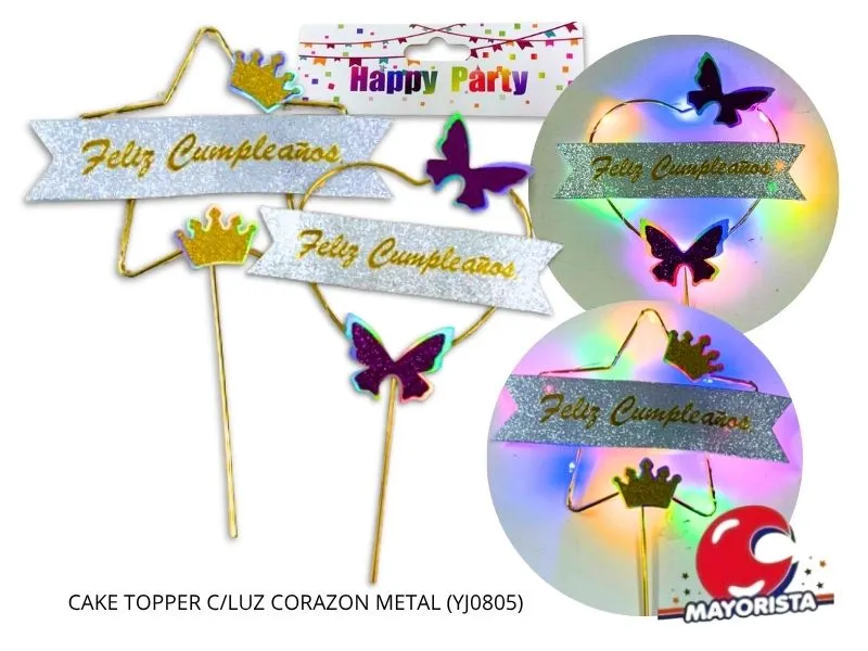 CAKE TOPPER C/LUZ CORAZON/ESTRELLA METAL (YJ0805) YJ IMPORT
