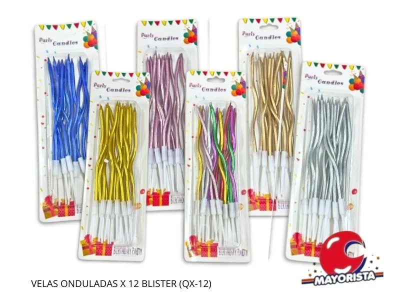 [7986171124116] VELAS ONDULADAS X 12 BLISTER VS COLORES (YJ0809) YJ IMPORT