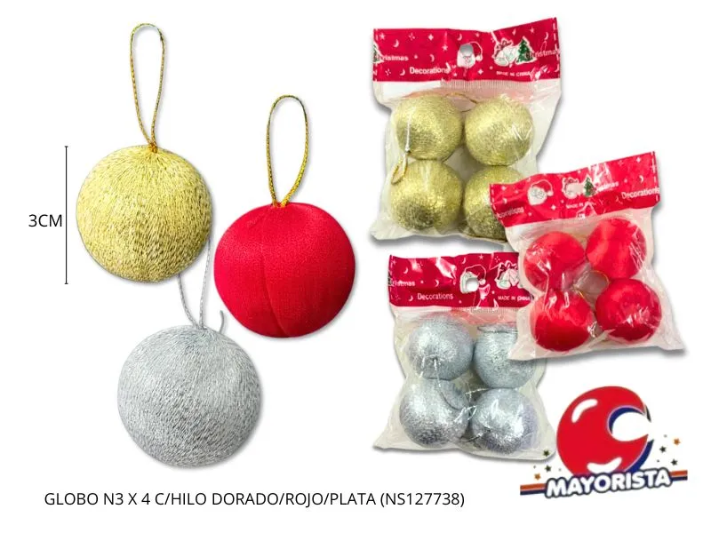 GLOBO N4 X 4 C/HILO ROJO/DORADO/PLATA (NS127738) POKA