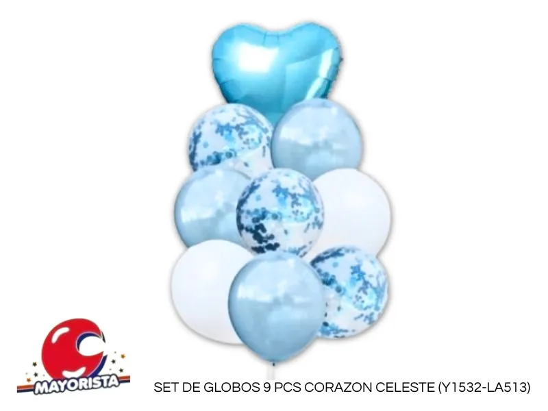SET DE GLOBOS 9 PCS CORAZON CELESTE (Y1532-LA513) CHG